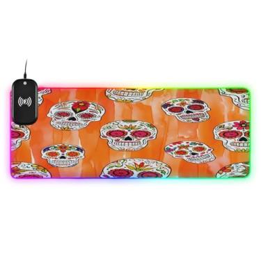 Imagem de CEBUGI Mouse pad de carregamento sem fio Sugar Skulls 15W Fast Gaming Mouse Pad com 14 iluminação LED RGB para jogos, PC, laptop, mesa 80 x 30 cm