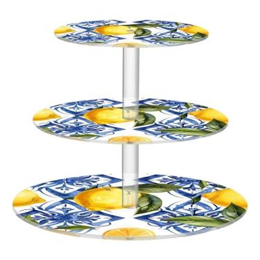 Imagem de Suporte de cupcake estilo siciliano, limões, flores azuis, chá, festa, cupcake, copo redondo de acrílico, torre de bolo, suporte de bufê, sobremesa, bandejas de servir para festa, comida, aniversário