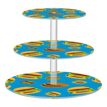 Imagem de Suporte de cupcake de 3 níveis para festa, hambúrgueres, azul, impressão de alimentos, copo de acrílico, torre de bolo, bandeja de servir de aniversário, mesa de deserto, prateleiras de comida de bolo