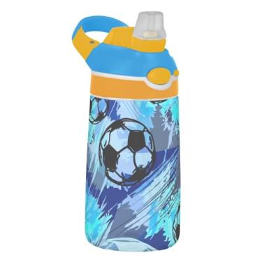 Imagem de Garrafa de água esportiva infantil de 473 ml com tampa de palha, garrafa de água reutilizável para escola, à prova de vazamento, copo infantil Tritan de 473 ml, alça de transporte, bolas de futebol