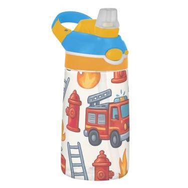 Imagem de Garrafa de água esportiva Tritan infantil de 473 ml com tampa de palha, garrafa de água portátil de 473 ml, copo reutilizável à prova de vazamento, alça de transporte, caminhões de bombeiros de