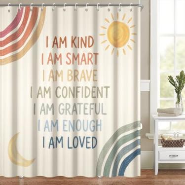 Imagem de Cortina de chuveiro arco-íris citações inspiradoras cortina de chuveiro para banheiro infantil boho linda lua sol cortina de banheira para berçário de crianças, lavável na máquina, tecido de poliéster