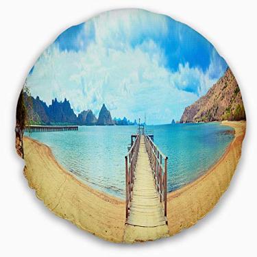 Imagem de Panorama Designart Komodo com paisagem de cais sala de estar, sofá, almofada de alta qualidade + capa de almofada impressa em ambos os lados 40,6 cm