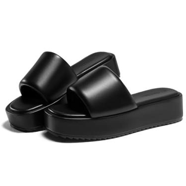 Imagem de Coutgo Sandálias Femininas Plataforma Puffy Slip On Open Toe Flatform Comfort Y2K Dressy Summer Slide Sandals, Preto Pu, Tamanho 9
