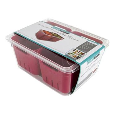 Imagem de Kitchen Spaces KSDCB12-AMZ Coador duplo empilhável organizador de armazenamento de alimentos para geladeira, freezer e despensa, 22,4 cm x 17,3 cm x 9,9 cm, vermelho e transparente