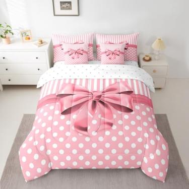 Imagem de Feelyou Conjunto de edredom com laço rosa, 7 peças, estilo princesa, sonhador, tamanho Queen, com listras onduladas, geométrico, laço fofo, conjunto de cama feminina com edredom, conjunto de lençóis,