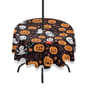 Imagem de Wassud Toalha de mesa redonda para uso ao ar livre com furo de guarda-chuva de esqueleto de abóbora, toalhas de mesa de 152 cm para aniversário, casa de fazenda, cozinha