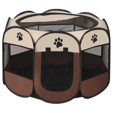 Imagem de Tenda Dobrável para Pets Octogonal | Cama para Cachorro e Gato Resistente a Arranhões com Zíper e Tela Mosquiteiro(café,1pc)