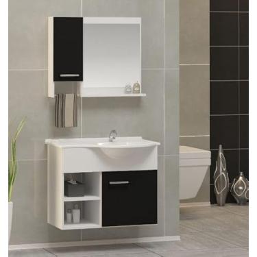 Imagem de Kit Gabinete 100% MDF Cuba e Espelheira 60cm para Banheiro (Branco/Preto)