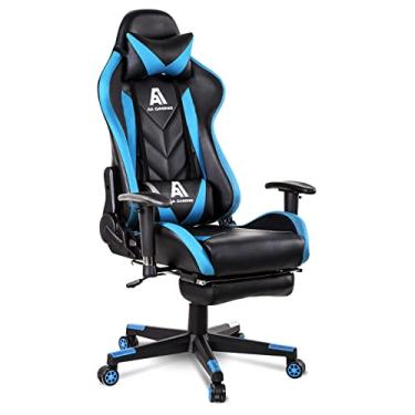 Imagem de AA Products Cadeira de jogos, cadeira ergonômica de corrida de computador com encosto alto, cadeira de escritório ajustável com apoio para os pés, cadeira giratória de suporte lombar - azul