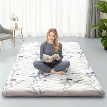 Imagem de SCHNAUZER HOME Colchão de chão japonês, colchão de futon portátil com estampa floral de 8,89 cm, tapete de tatame de espuma de alta densidade, tapete de dormir para acampamento, quarto de hóspedes