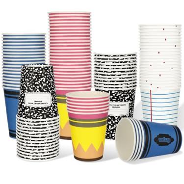 Imagem de Qinyoung 100 peças de copos de papel de volta às aulas 255 g, lápis, caderno, lápis de composição, copos de papel, primeiro dia de aula, utensílios de bebida descartáveis para pré-escola, jardim de