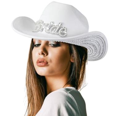 Imagem de Hercicy Chapéu de cowboy de strass com franja de diamante, chapéu de vaqueira com largura ocidental para cosplay de casamento, Branco, tamanho �nico