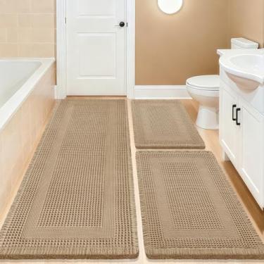 Imagem de Conjunto de 3 peças de tapete de banho, tecido boêmio, moderno, absorvente, antiderrapante, ultramacio, tapetes de banho de malha laváveis na máquina com borlas para banheiro, quarto, cozinha
