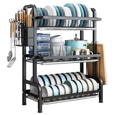 Imagem de Escorredor de louça de 3 níveis com bandeja coletora, escorredor de pratos multifuncional com dreno e tábua de corte, para balcão de cozinha, preto