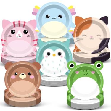 Imagem de 60 peças de pratos de papel fofos em forma de animais kawaii, decorações de festa de aniversário, 17 cm, pratos de sobremesa, animais fofos, utensílios de mesa descartáveis para crianças