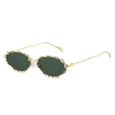 Imagem de Óculos de Sol Femininos Retro Oval Punk com Diamantes, Cor Prateada, Proteção UV400, Tendência Masculina (Dourado e Verde)