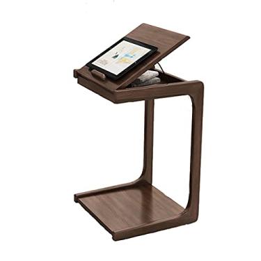 Imagem de U5GAAALPPQ9 Mesa de centro, mesa de café, mesa lateral de sofá em forma de C, mesa de lanche móvel com rodas de freio, mesa de cabeceira para sofá com armazenamento de 2 camadas, cor nogueira, mesa