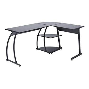 Imagem de U5GAAALPPQ9 Mesa de jogos em forma de L para escritório em casa com prateleiras de armazenamento canto mesa de computador para pequenos espaços PC mesa de escrita estação de trabalho gamer
