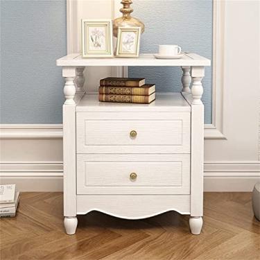Imagem de Mesa de cabeceira retrô branca de madeira, suporte minimalista moderno para quarto, armário de cabeceira nogueira 2 gavetas, armários laterais com gavetas e armários abertos 53 x 43 x 66 cm