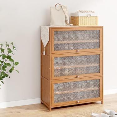 Imagem de Armário de sapatos de bambu com portas em relevo de begônia, rack de armazenamento de sapatos com prateleiras ajustáveis, armário de corredor, organizador de sapatos, banco para entrada e sala de