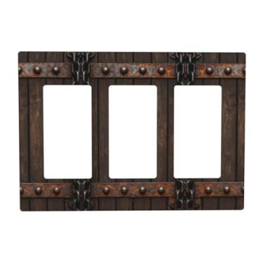 Imagem de Capa de interruptor de luz rústica porta de celeiro madeira fazenda país textura de metal 3 gangues triplo balancim placa de parede decorativa placa de interruptor elétrico placa frontal para banheiro