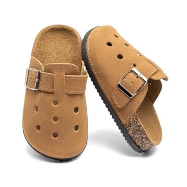 Imagem de Sandália infantil com design perfurado, fivela ajustável, palmilha de cortiça, confortável, salto aberto, calçado casual, Marrom, 20