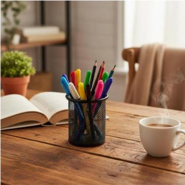 Imagem de Porta Canetas Redondo Preto Metal Organizador de Mesa de Escritório Ar