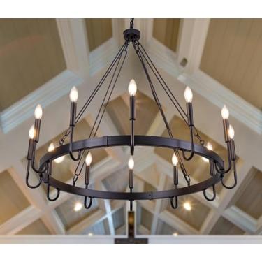 Imagem de Wellmet Lustre de roda de vagão preto fosco, lustre preto grande de 12 luzes para teto alto, luz pendente de roda de vagão industrial para sala de jantar, entrada, corredor, sala de estar, 100 cm de
