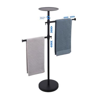 Imagem de Chiunikoo Toalheiro com prateleira, suporte de toalha independente de 2 camadas de aço inoxidável SUS 304 para banheiro - altura ajustável, rotação de 360°, preto fosco