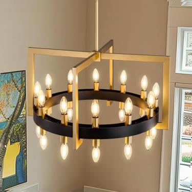 Imagem de Wellmet Luminária pendente moderna de latão preto, lustre quadrado de tambor de 24 luzes, lustre industrial de latão dourado, para sala de estar, quarto, sala de jantar, cozinha, corredor, entrada, 71