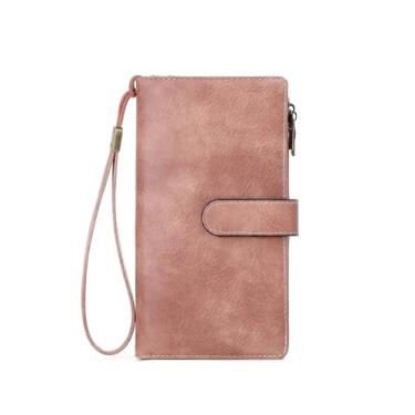 Imagem de Carteira feminina de couro PU com bloqueio de RFID – Bifold fina com 16 compartimentos para cartão e bolso com zíper, bolsa de designer compacta com design de zíper duplo suave, rosa