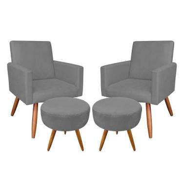 Imagem de Kit 02 Poltronas com 02 Puffs Larissa Suede Pés Palito Castanho D'Ross