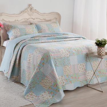 Imagem de Kit Cobre Leito Colcha Daily Casal 3 Peças Dupla Face Estampado Floral Patchwork Azul 10 100% Poliéster