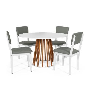 Imagem de Mesa De Jantar Redonda Gabi Nat/bran Com 4 Cadeiras Estofadas Ella Branco/cinza