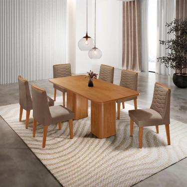 Imagem de Mesa De Jantar Eloise 180cm Tampo MDF Com 6 Cadeira Moderna Veludo Capuccino Naturalle