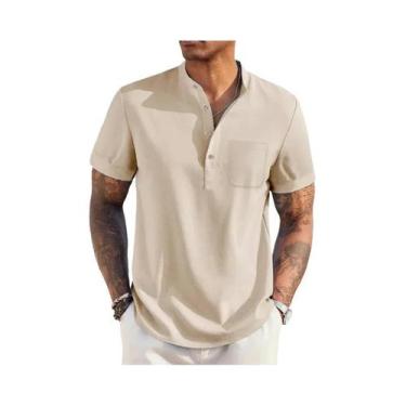 Imagem de Camiseta Masculina De Verão Em Algodão E Linho Com Gola Henley, Leve, 