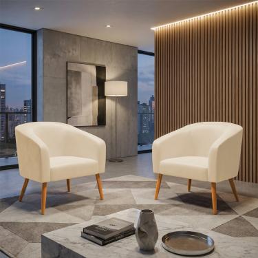 Imagem de Poltrona Sala Decorativa Kit 2 Stella Pé Palito Castanho Sintético PU Bege D03 - D'Rossi