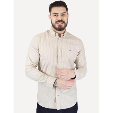 Imagem de Camisa Tommy Hilfiger Masculina Xadrez Gingham Branca/Cáqui, M/M