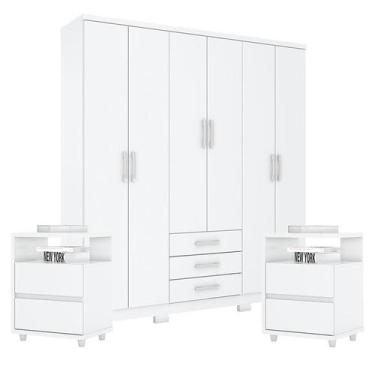 Imagem de Guarda Roupa Casal Caju 6 Portas com Kit Mesa de Cabeceira Branco - He