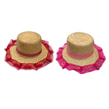 Imagem de Chapéu de Palha Junino Sobral com Renda Luiz Gonzaga em Palha 8X28CM 01 Unidade Rosa Ve...
