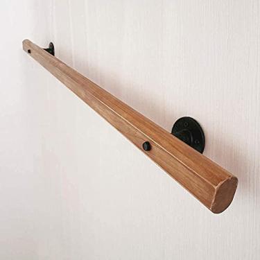 Imagem de Pkfinrd Corrimão de madeira maciça dentro fora do corrimão da escada kit de suporte trilho corrimão parede corrimão apartamento escada parapeito conjunto completo corrimãos estilo país (tamanho : 80 cm)
