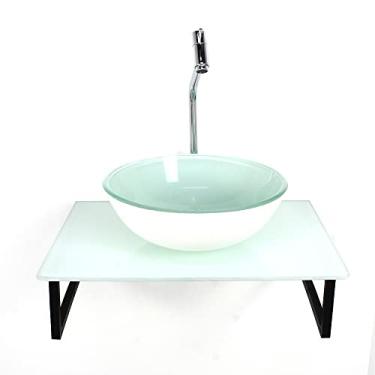 Imagem de KIT CUBA DE VIDRO REDONDA 10MM COM TAMPO 50CM BRANCO FULL E SUPORTE PRETO