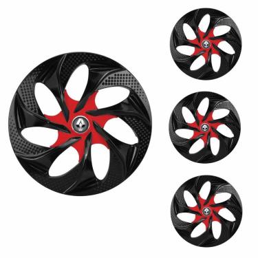 Imagem de Jogo Calota Aro 14 Evolution Black Red Elitte Preto Vermelho + Emblema Resinado Renault (Sandero Logan Clio Scenic Megane)