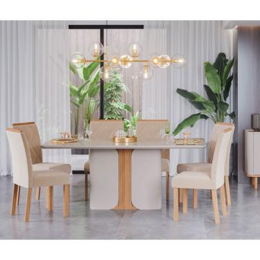 Imagem de Conjunto de Mesa de Jantar com Tampo de Vidro Charlote e 6 Cadeiras Fernanda Suede Nude e Off White