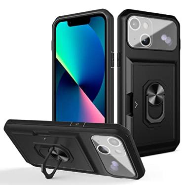 Imagem de zhouye Capa resistente para iPhone 14/14 Pro/14 Plus/14 Pro Max, capa de proteção de lente de grau militar com suporte de anel de metal giratório e slot para cartão à prova de choque magnético, preta, 14 pro 6,1 polegadas