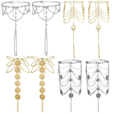 Imagem de Tondiamo 4 pares de sandálias de pé descalço para mulheres, joias de verão, borlas, tornozeleira, corrente de casamento, várias correntes, boho, moeda, tornozeleira, acessórios