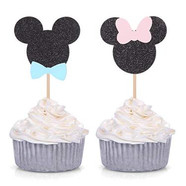 Imagem de 24 peças de enfeites de cupcake inspirados na Minnie Mouse, decoração de festa para menino ou menina