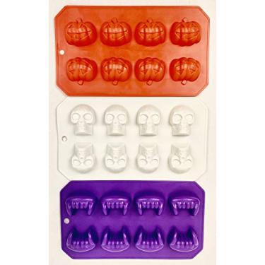 Imagem de Conjunto de 3 bandejas de cubo de gelo temático de outono de Halloween, molde de doces, moldes de gelatina, formas de caveira/presa/abóbora