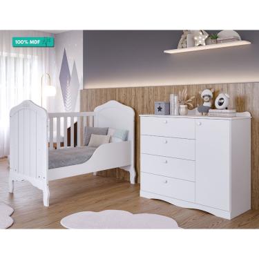 Imagem de Quarto de Bebê com Berço Mini Cama Harmonia e Cômoda 1 Porta 4 Gavetas Encanto Permobili Branco